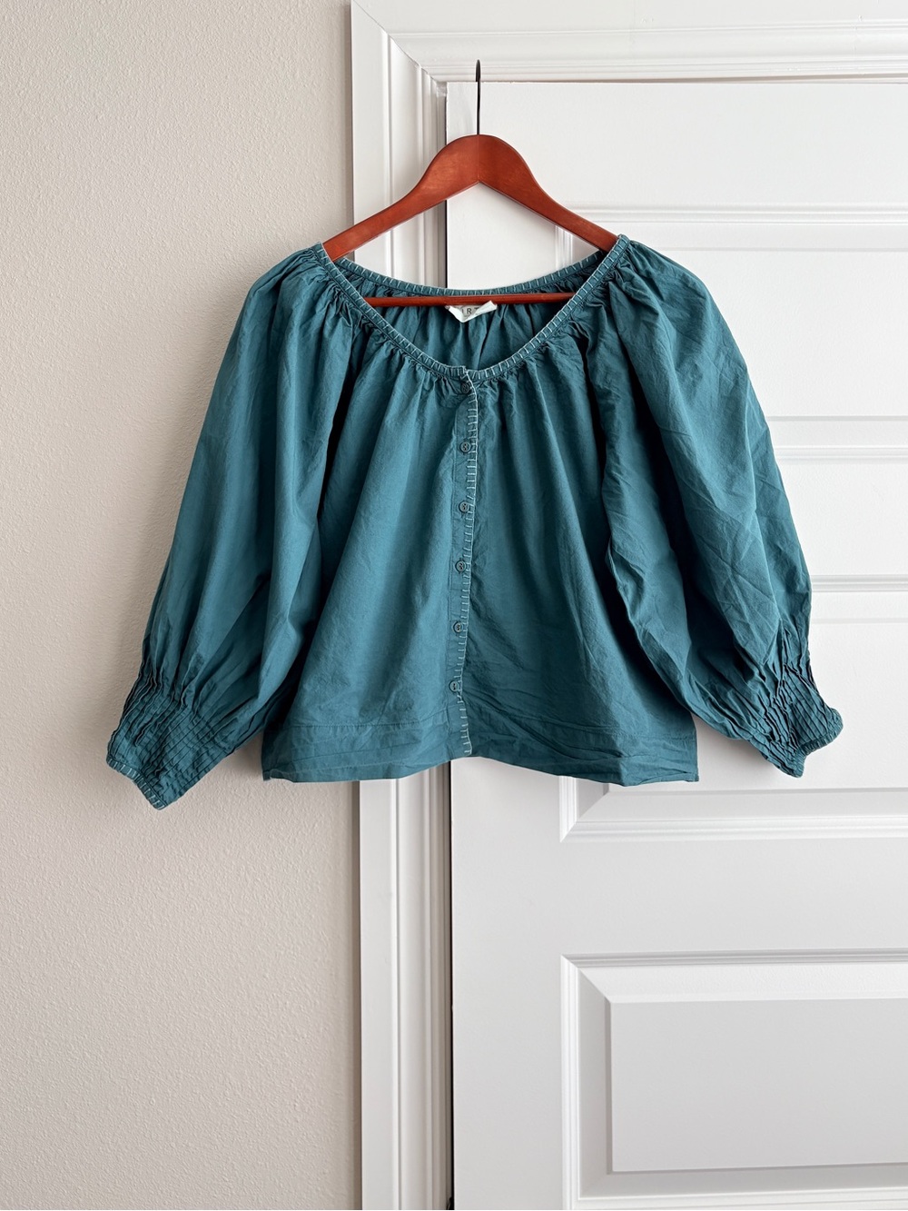 MIRTH Teal Cotton Balloon Sleeve Button Blouse XS